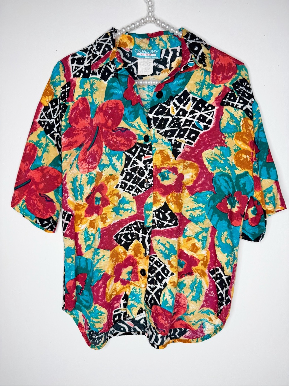 Vintage Coral Bay Women Hawaiian Floral Abstract Button Shirt Colorful PSmall